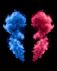 Blue and red smoke plumes on black background