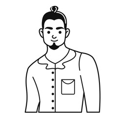 A young man in a doodle-style shirt.  Vector black and white illustration isolated on a white background