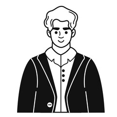 A young smiling man in a formal suit. A male doodle character. Vector black and white illustration in a flat linear style