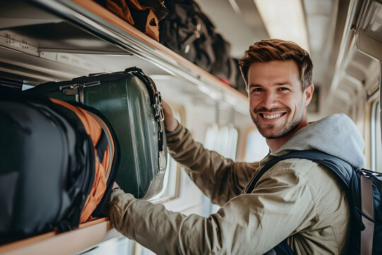 A smiling man organizes his luggage in a train cabin, ready to embark on a sunny summer journey.