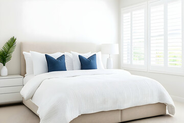 Bright bedroom with king-size bed, white bedding, blue pillows, and white shutters