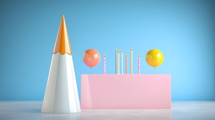 Fototapeta premium Colorful Birthday with Party Hats Candles and Confetti Scattered on a Pink Backdrop Festive Studio Still Life Overhead View with Geometric Shapes and Pastel Colors