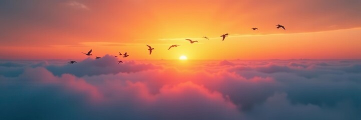 Obraz premium Low-hanging fog, flock of birds silhouetted against sunrise, stock photo, sunrise