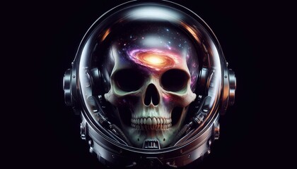 Hyperrealistic photo of an alien skull in a helmet and a galaxy inside, futuristic technology, minimalist design, high photorealism, smooth surfaces, soft smile on the face