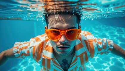 Fototapeta premium Man in pool wearing orange sunglasses