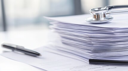 A close-up view of a stack of paperwork with a stethoscope and pen, suggesting a healthcare or medical documentation theme, health info records management.