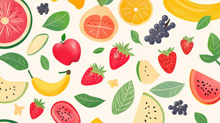 A vibrant assortment of fruits and leaves scattered on a light background in an artistic style