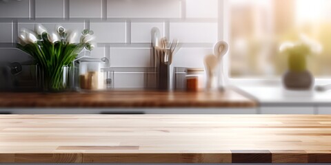 Empty, beautiful wooden table top on a blurred kitchen interior background in a modern home. Generative AI art. For product display montage. Banner design stock photo, high quality. - bokeh background