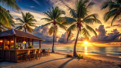 Relaxing Beach Bar at Sunset: Tropical Getaway Stock Photo