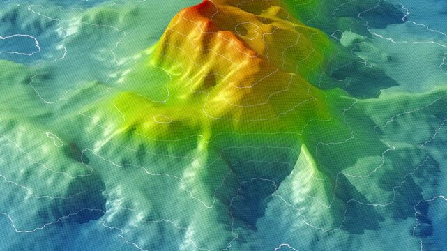 Terrain map of island. Gradient Grid computation, slope/aspect mapping, and visualization with elevation levels. Seamless loop. 3D rendering.