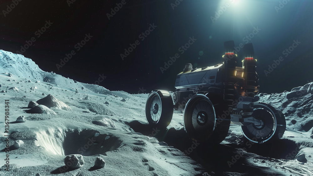 Aufkleber This robotic rover works on asteroid regolith extraction in a lunar environment under bright starlight.