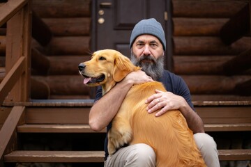 Mature caucasian male with beanie hugging golden retriever on wooden cabin steps