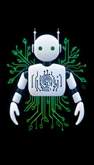 Circuit-board robot, glowing green, dark background