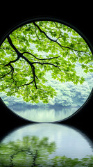 Circular window view of lush green foliage and tranquil water, reflecting serenity