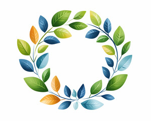 Circular wreath of green, blue, and orange leaves on white background