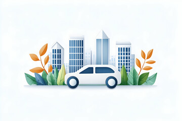 Cityscape with car and foliage, paper-cut style illustration