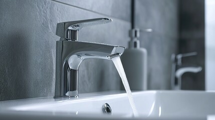 Close-up of bathroom faucet. It showcases a sleek design and a modern touch. Water flows out of the spout, details of faucets and sinks used for commercial use.