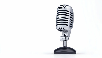 Classic silver microphone on stand against white background