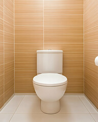 Clean white toilet in a small, light-brown tiled bathroom