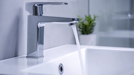 Close-up of bathroom faucet. It showcases a sleek design and a modern touch. Water flows out of the spout, details of faucets and sinks used for commercial use.