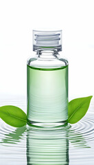 Clear bottle of light green liquid, resting on water with green leaves