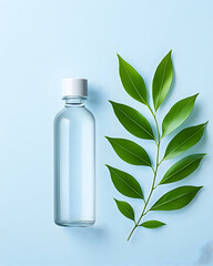 Clear bottle of liquid beside vibrant green leaves on a light blue background