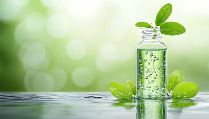 Clear bottle of liquid with green leaves, reflecting on a surface against a blurred green background