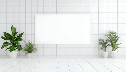 Blank canvas mockup on white tiled wall with potted plants