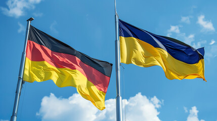 Ukrainian and German flags in the sky, representing unity and friendship, diplomatic relations, international partnerships, or multicultural events
