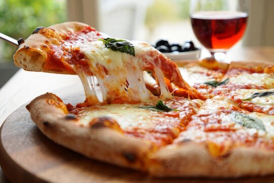 A photorealistic close-up of a freshly baked Margherita pizza with melted mozzarella cheese stretching from a lifted slice. The pizza is served on a wooden board at home, garnished with fresh basil 
