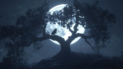 Owl perched on tree, moonlit night, hilltop scene