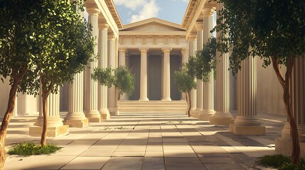 Obraz premium Towering Greek temple overlooking mountains with wildflowers in foreground