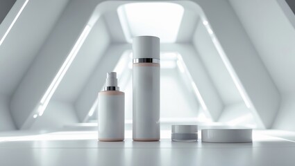 Modern skincare products arranged in a minimalistic setting with bright lighting in a contemporary interior space
