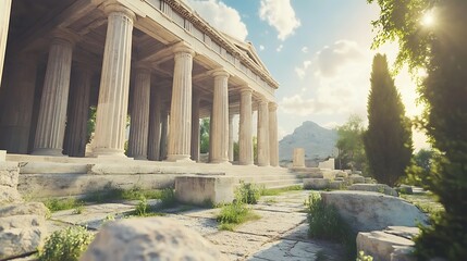 Fototapeta premium Ancient sanctuary adorned with mountain views and blossoming flowers