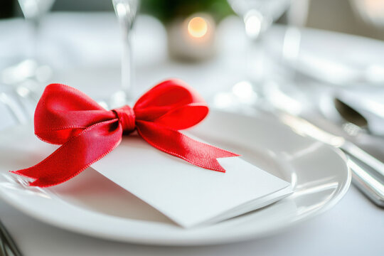 Gift voucher on plate with red ribbon at elegant table setting  
