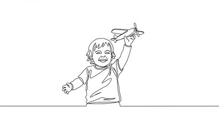 Fototapeta premium Minimalist line art: A child's joy with a toy airplane in a single stroke