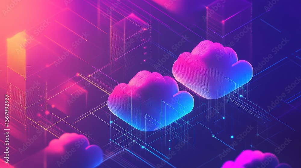 Leinwandbilder Abstract digital illustration of cloud computing, showcasing interconnected data flow and cloud storage.