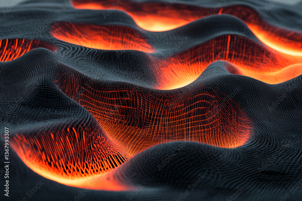 Poster abstract image of dark, textured surface with glowing orange lines, creating a wavy, molten effect, 