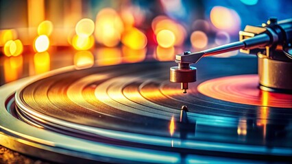 Obraz premium Retro Vinyl Record Spinning on Turntable - Close-up Macro Photography