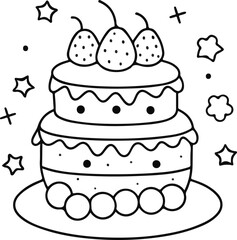 A black and white drawing of a cake with 