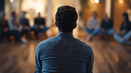 Man's back, dark shirt, seated, facing blurred group therapy session, symbolizing support, community, listening, and mental wellbeing