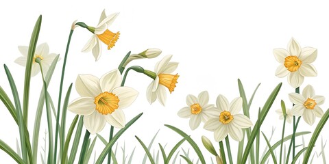 
background of growing daffodils isolated on white background