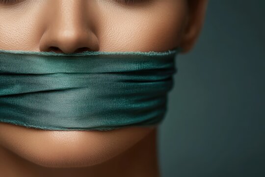 Woman's mouth covered with teal cloth symbolizing censorship and silence
