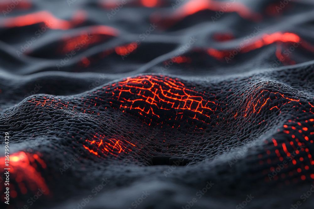 Aufkleber close-up of dark, textured surface with glowing red veins, creating a dramatic and intense appearanc