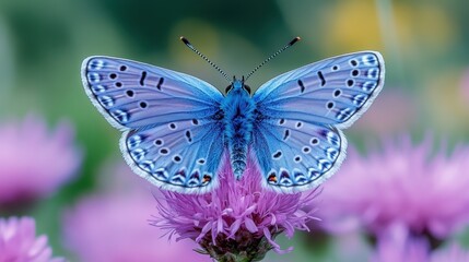 Blue butterfly on pink flower, garden background, nature photography