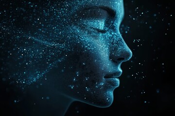Obraz premium Woman face transforming into flowing particles in digital world
