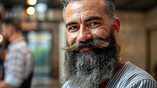Grooming session at a modern barbershop with a satisfied client enjoying a fresh haircut and beard trim