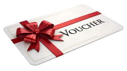 Gift voucher with red ribbon and bow on a white background  