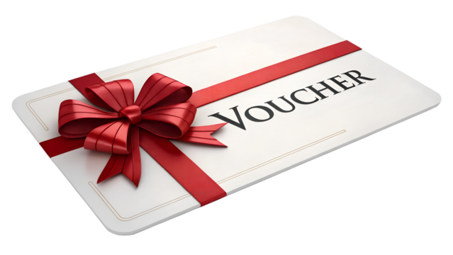 Gift voucher with red ribbon and bow on a white background  