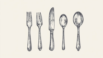 Detailed sketch of two forks one knife and two spoons arranged in a horizontal line on white